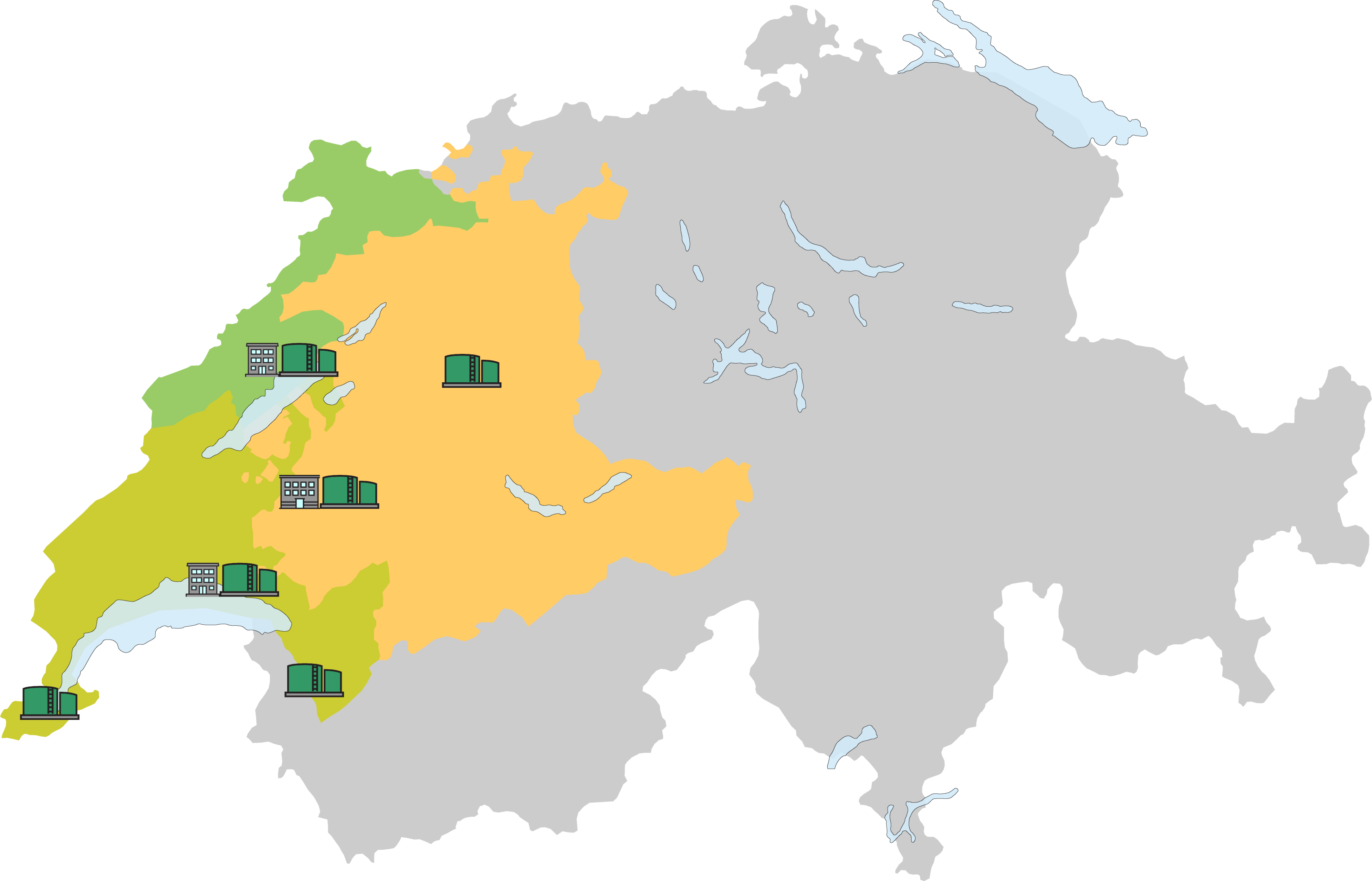 Carte des zones d'activité de Celsa-Charmettes en Suisse avec les emplacements des succursales et dépôts pétroliers
